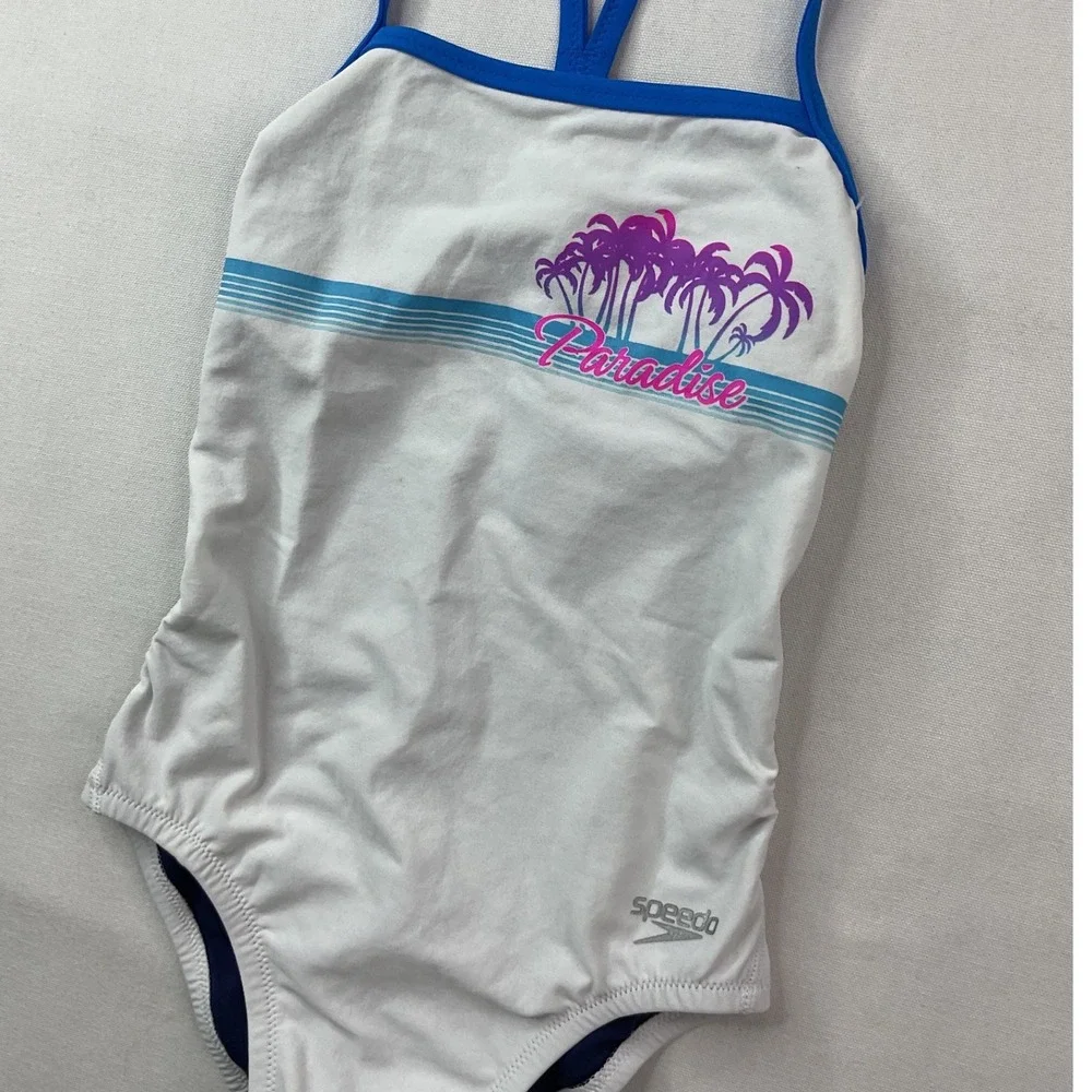 Speedo Kids Endurance+ Paradise One Piece Swimsuit White Blue Size 22 NWT